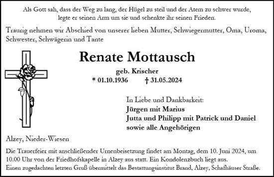 Traueranzeige von Renate Mottausch von Allgemeine Zeitung Alzey