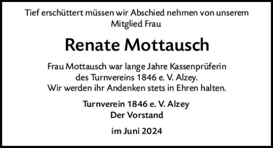 Traueranzeige von Renate Mottausch von Allgemeine Zeitung Alzey