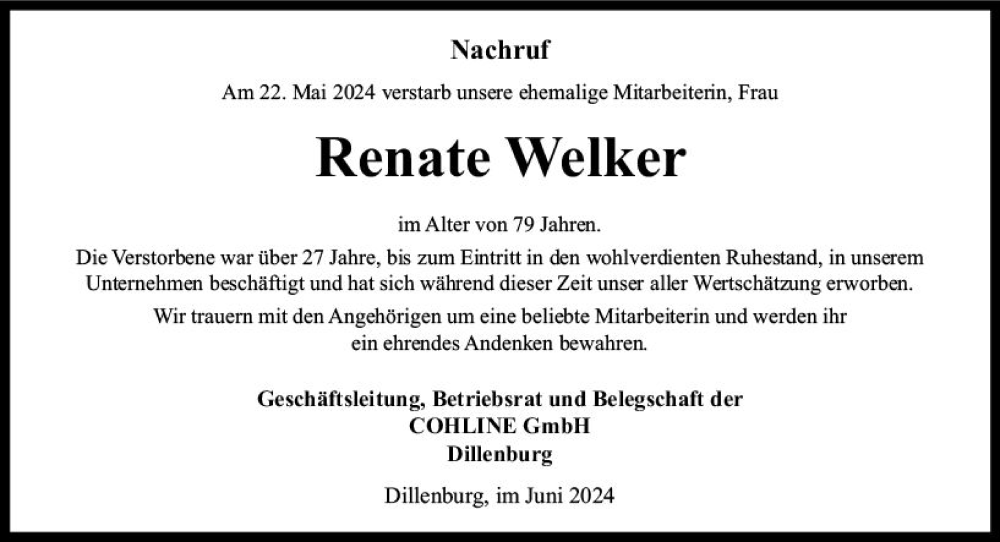  Traueranzeige für Renate Welker vom 07.06.2024 aus Dill Block