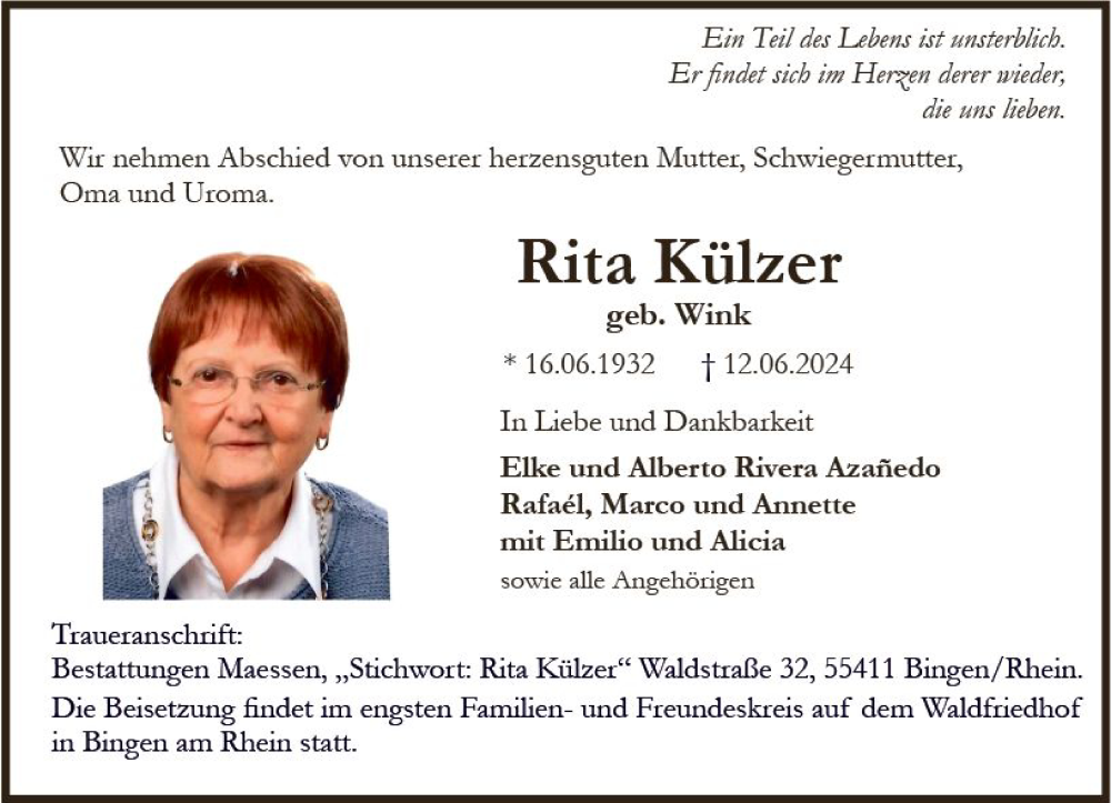 Traueranzeige für Rita Külzer vom 22.06.2024 aus Allgemeine Zeitung Bingen/Ingelheim