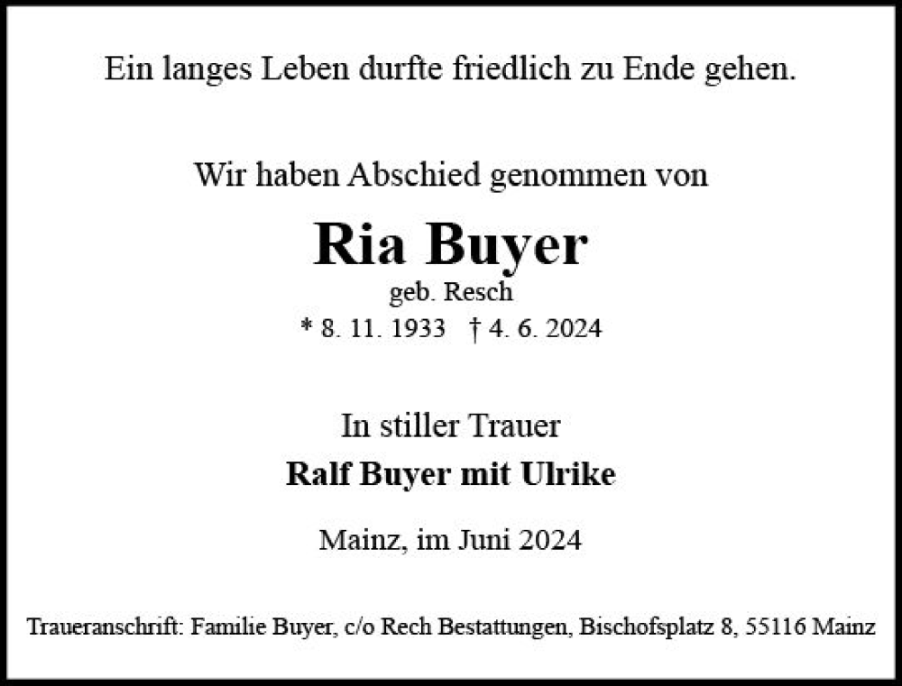  Traueranzeige für Riß Buyer vom 22.06.2024 aus Allgemeine Zeitung Mainz