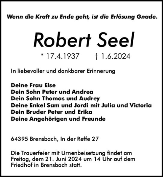 Traueranzeige von Robert Seel von Odenwälder Echo