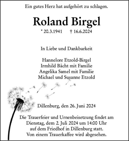 Traueranzeige von Roland Birgel von Dill Block