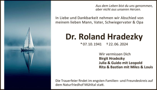 Traueranzeige von Roland Hradezky von Darmstädter Echo