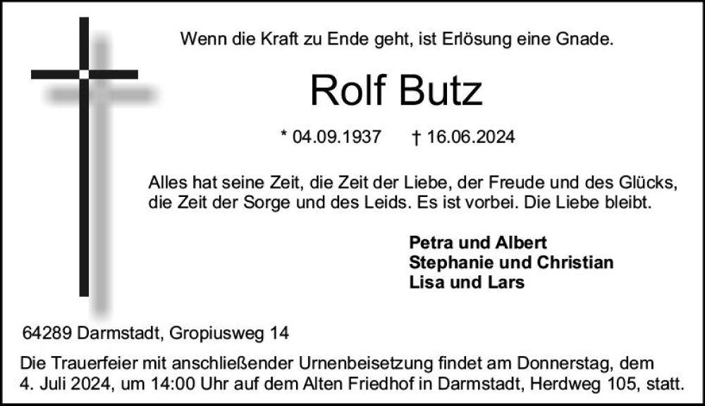  Traueranzeige für Rolf Butz vom 22.06.2024 aus Darmstädter Echo