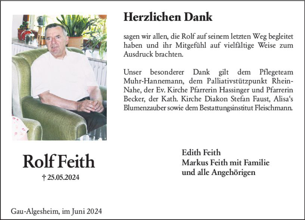 Traueranzeige für Rolf Feith vom 15.06.2024 aus Allgemeine Zeitung Bingen/Ingelheim