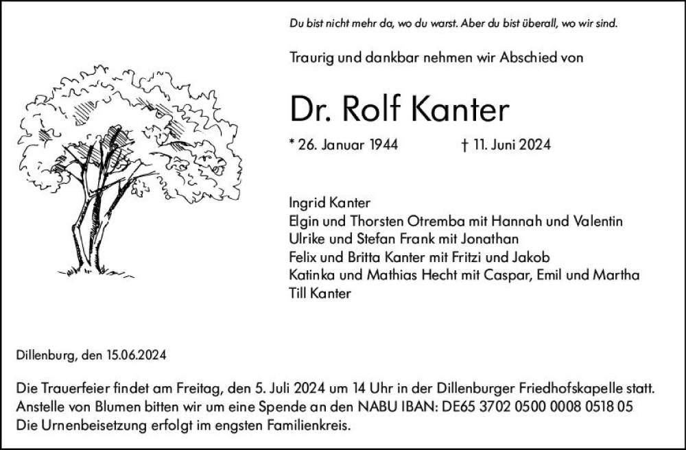  Traueranzeige für Rolf Kanter vom 15.06.2024 aus Dill Block