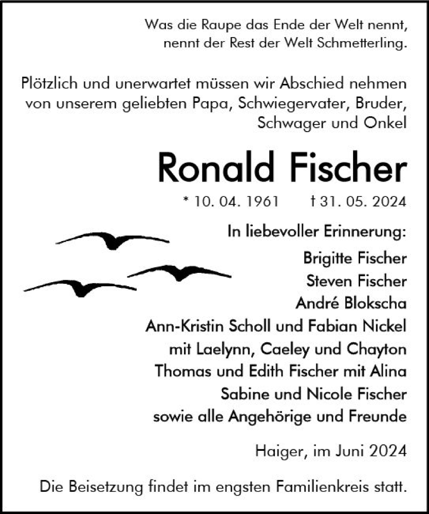  Traueranzeige für Ronald Fischer vom 08.06.2024 aus Dill Block