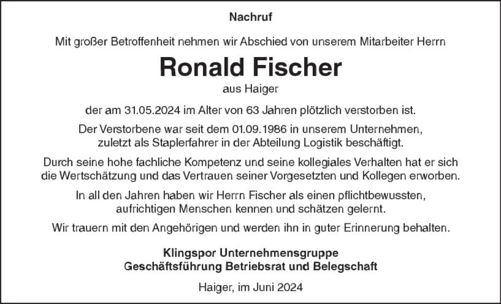  Traueranzeige für Ronald Fischer vom 12.06.2024 aus Dill Block