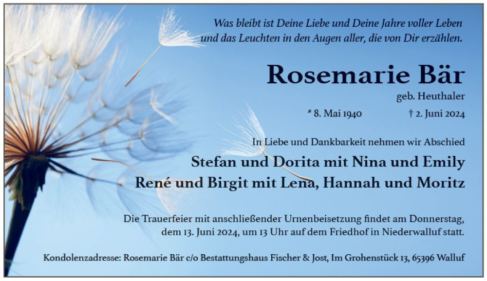 Traueranzeige für Rosemarie Bär vom 08.06.2024 aus Wiesbadener Kurier