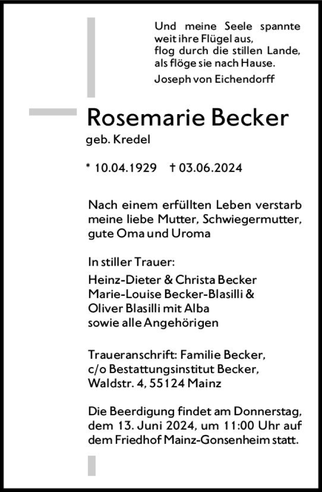  Traueranzeige für Rosemarie Becker vom 08.06.2024 aus Allgemeine Zeitung Mainz