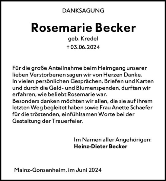 Traueranzeige von Rosemarie Becker von Allgemeine Zeitung Mainz