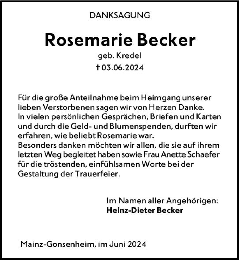  Traueranzeige für Rosemarie Becker vom 22.06.2024 aus Allgemeine Zeitung Mainz