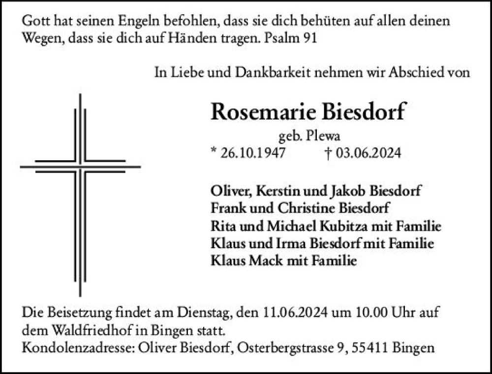  Traueranzeige für Rosemarie Biesdorf vom 08.06.2024 aus Allgemeine Zeitung Bingen/Ingelheim