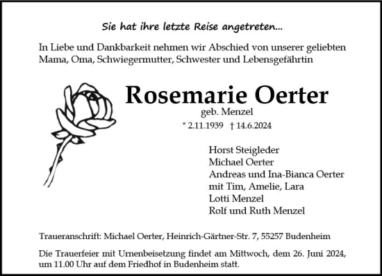 Traueranzeige von Rosemarie Oerter von Allgemeine Zeitung Mainz