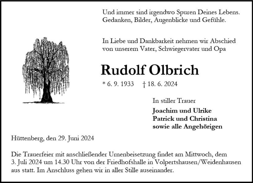  Traueranzeige für Rudolf Olbrich vom 29.06.2024 aus Wetzlarer Neue Zeitung