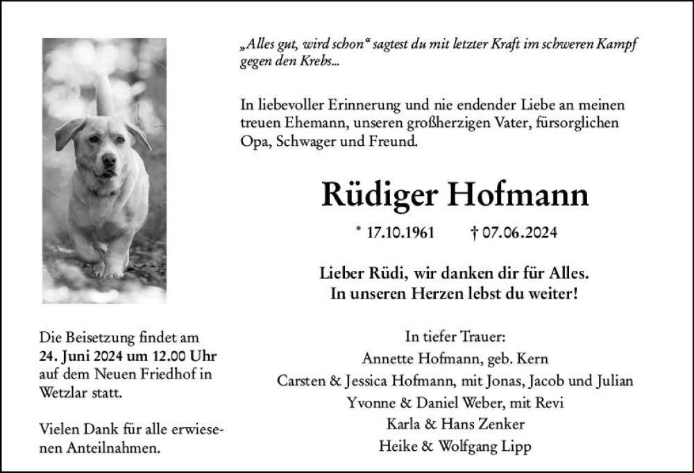  Traueranzeige für Rüdiger Hofmann vom 19.06.2024 aus Wetzlarer Neue Zeitung