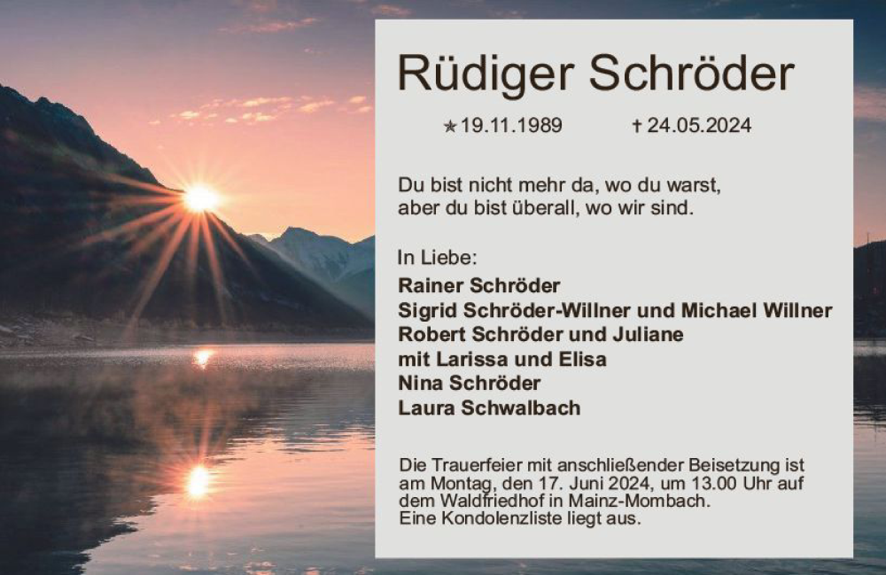  Traueranzeige für Rüdiger Schröder vom 08.06.2024 aus Allgemeine Zeitung Mainz
