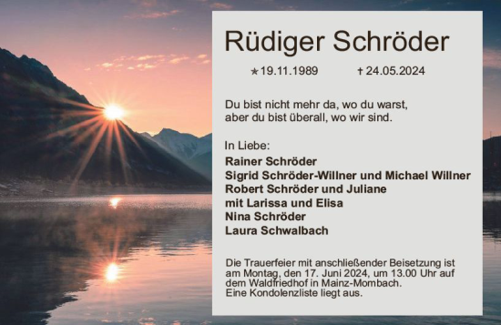 Traueranzeige von Rüdiger Schröder von Allgemeine Zeitung Mainz