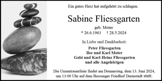 Traueranzeige von Sabine Fliessgarten von Darmstädter Echo
