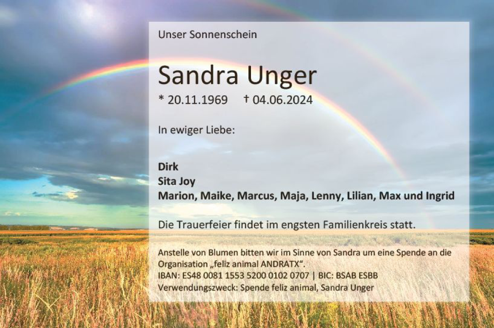  Traueranzeige für Sandra Unger vom 15.06.2024 aus Darmstädter Echo