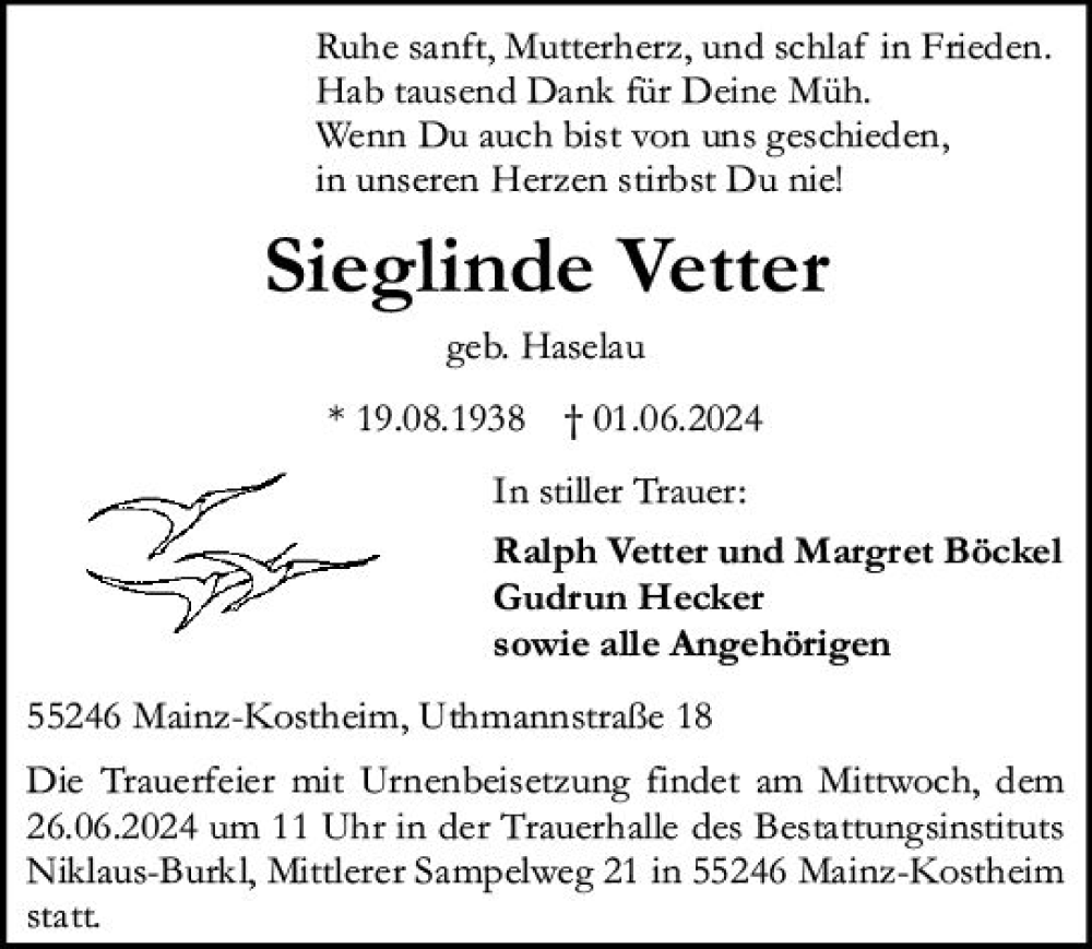  Traueranzeige für Sieglinde Vetter vom 15.06.2024 aus Allgemeine Zeitung Mainz