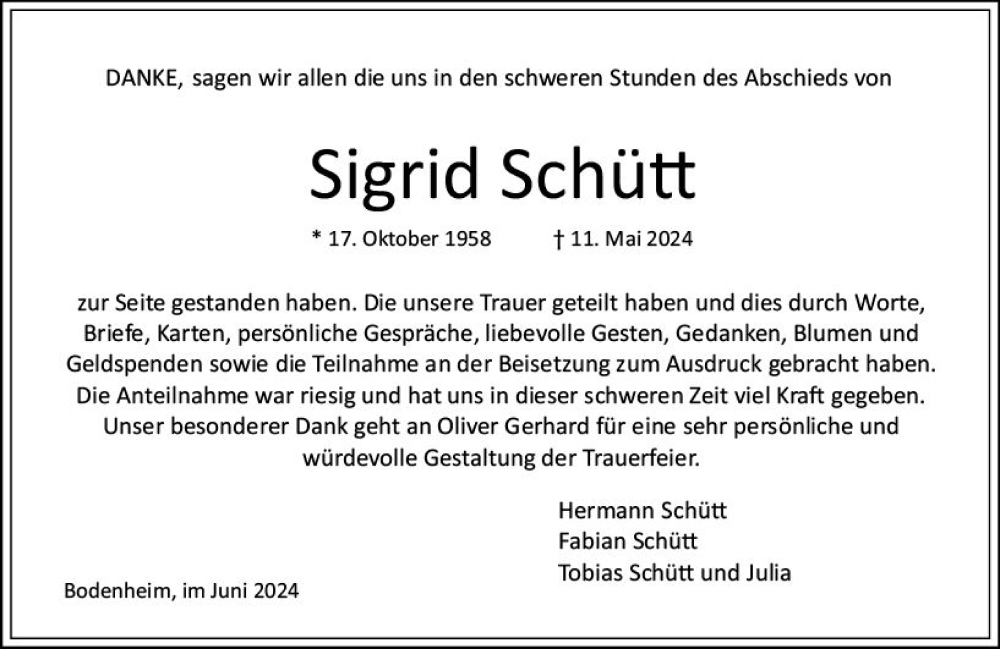  Traueranzeige für Sigrid Schütt vom 15.06.2024 aus Allgemeine Zeitung Mainz