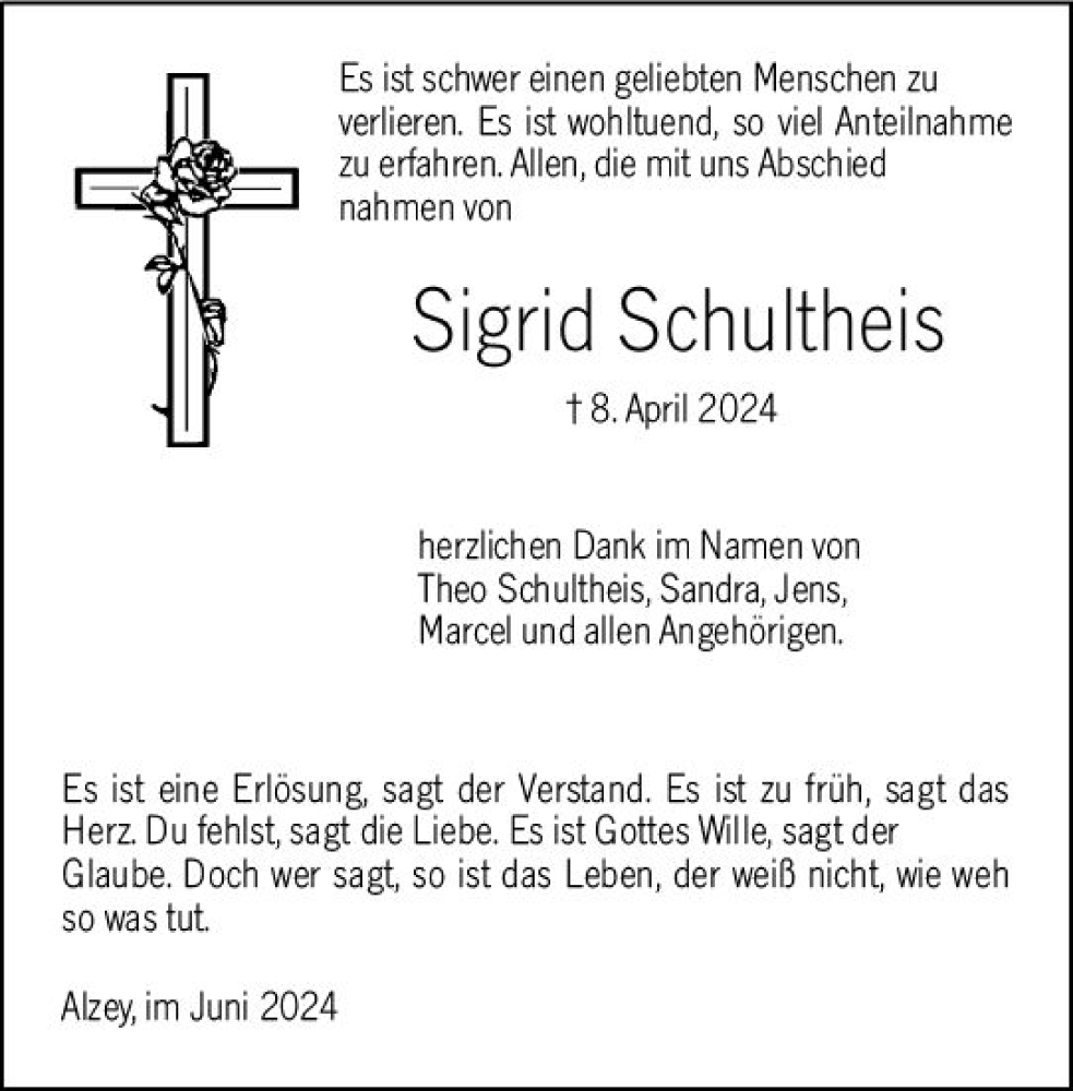  Traueranzeige für Sigrid Schultheis vom 15.06.2024 aus Allgemeine Zeitung Alzey