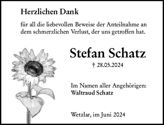 Traueranzeige von Stefan Schatz von Wetzlarer Neue Zeitung