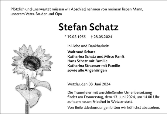 Traueranzeige von Stefan Schatz von Wetzlarer Neue Zeitung