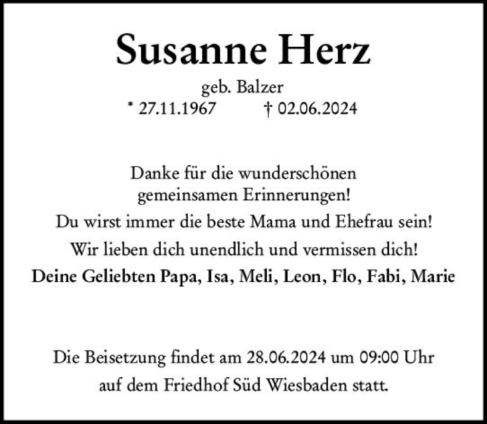  Traueranzeige für Susanne Herz vom 21.06.2024 aus Wiesbadener Kurier