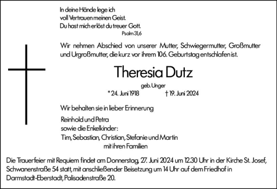 Traueranzeige von Theresia Dutz von Darmstädter Echo