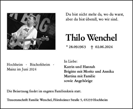Traueranzeige von Thilo Wenchel von Hochheimer Zeitung