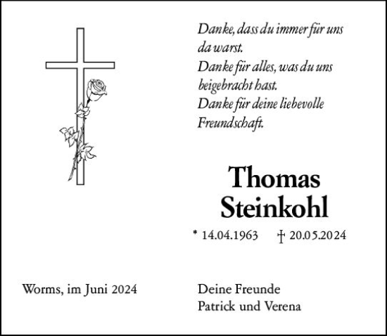Traueranzeige von Thomas Steinkohl von Wormser Zeitung