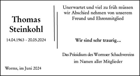 Traueranzeige von Thomas Steinkohl von Wormser Zeitung