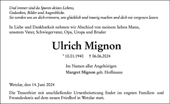 Traueranzeige von Ulrich Mignon von Wetzlarer Neue Zeitung