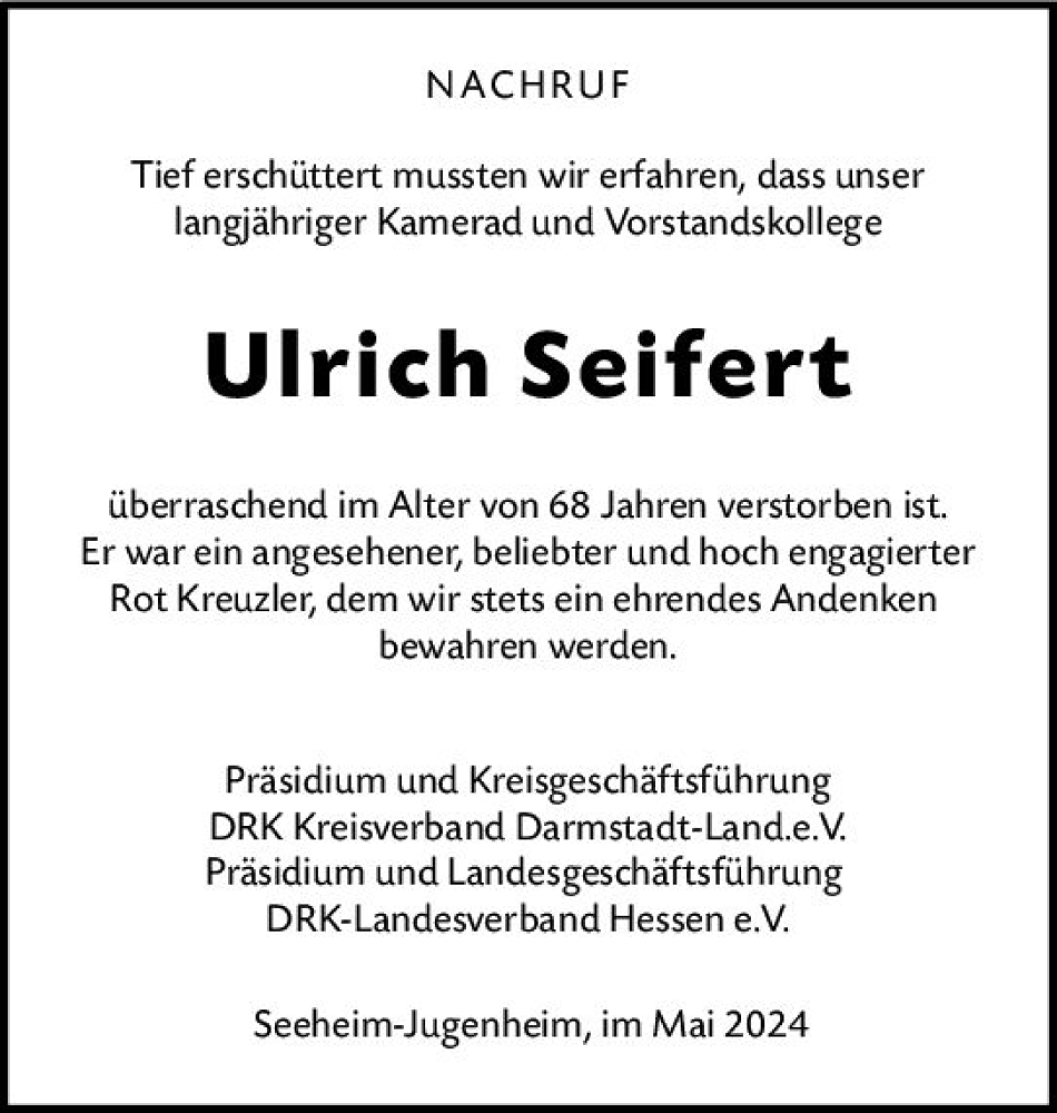  Traueranzeige für Ulrich Seifert vom 03.06.2024 aus Darmstädter Echo