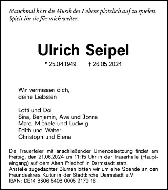 Traueranzeige von Ulrich Seipel von Darmstädter Echo