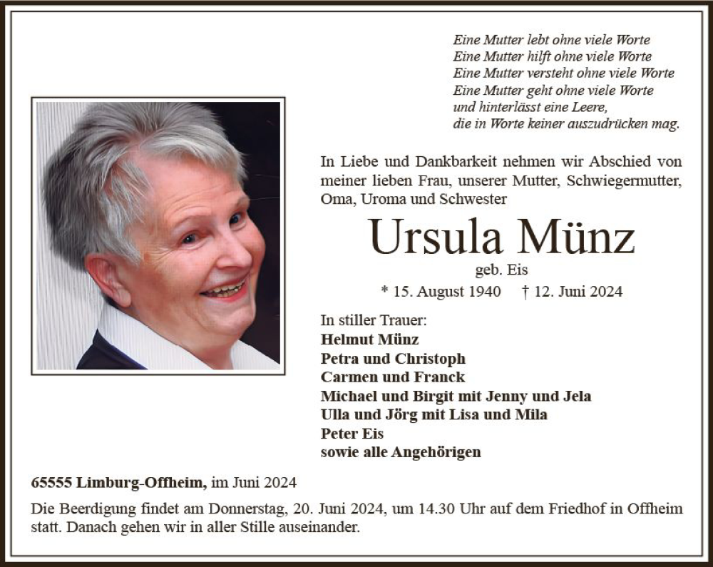 Traueranzeige für Ursula Münz vom 15.06.2024 aus Nassauische Neue Presse