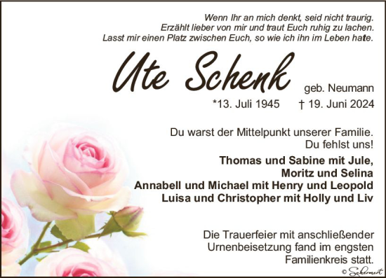 Traueranzeige von Ute Schenk von Nassauische Neue Presse