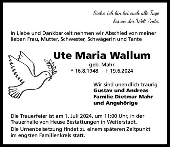 Traueranzeige von Ute Maria Wallum von Darmstädter Echo