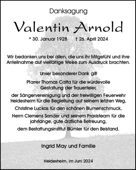 Traueranzeige von Valentin Arnold von Allgemeine Zeitung Mainz