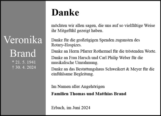 Traueranzeige von Veronika Brand von Odenwälder Echo