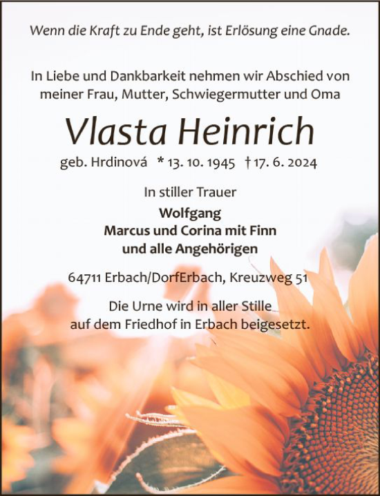 Traueranzeige von Vlasta Heinrich von Odenwälder Echo