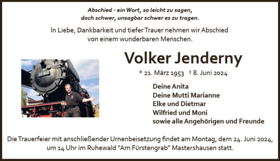 Traueranzeige von Volker Jenderny von Allgemeine Zeitung Mainz