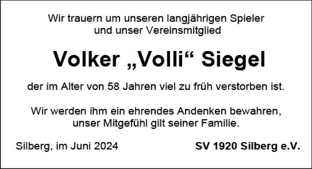  Traueranzeige für Volker  Siegel vom 15.06.2024 aus Hinterländer Anzeiger