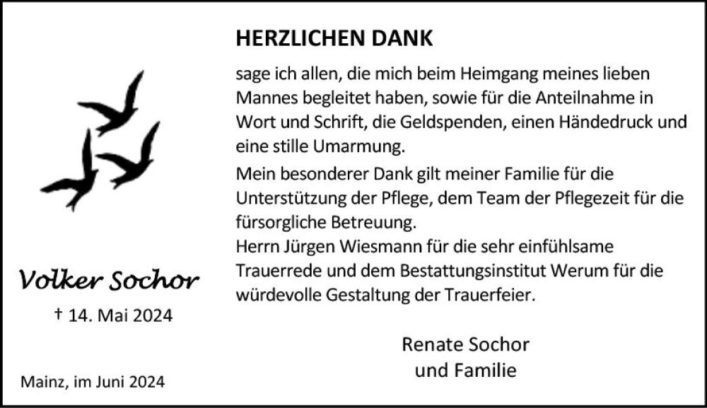  Traueranzeige für Volker Sochor vom 15.06.2024 aus Allgemeine Zeitung Mainz