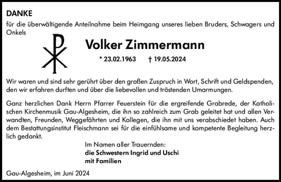 Traueranzeige von Volker Zimmermann von Allgemeine Zeitung Bingen/Ingelheim