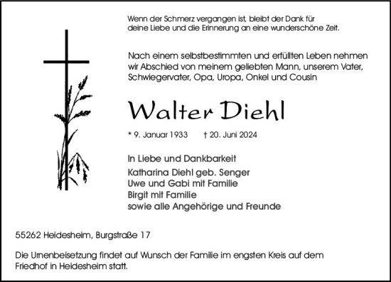 Traueranzeige von Walter Diehl von Allgemeine Zeitung Bingen/Ingelheim