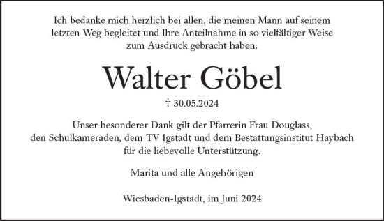 Traueranzeige von Walter Göbel von Wiesbadener Kurier